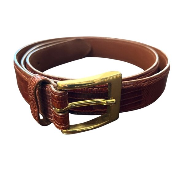 LAI Embossed Brown Leather Belt USA With Brass Buckle Italy Size 38 - Picture 1 of 9